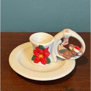 Vintage Beacon Hill Bisque Taper Holder Christmas Poinsettia Sleeping Mouse